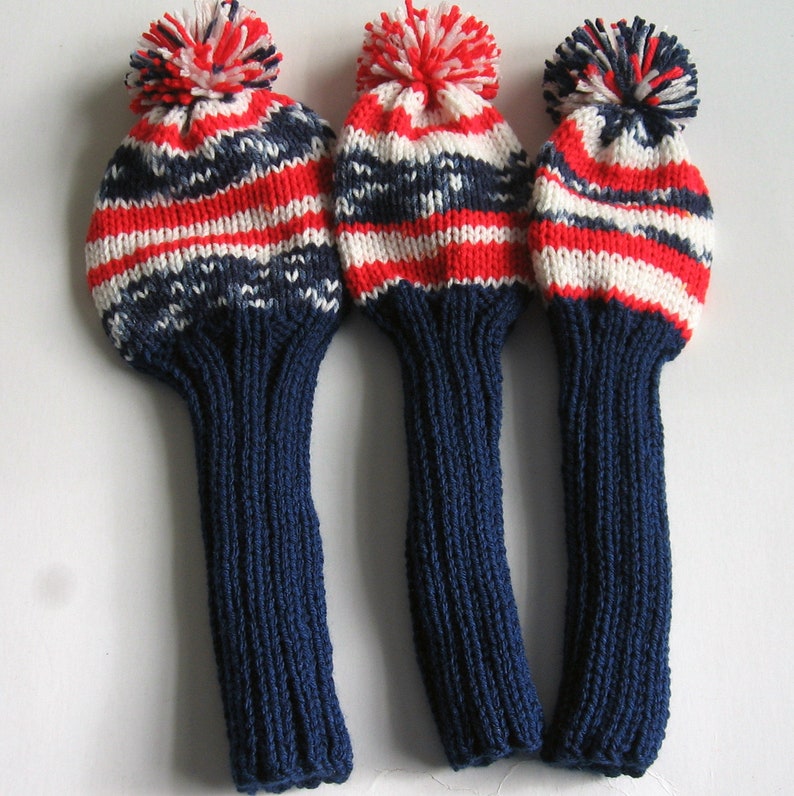 Set of Three Hand Knit Golf Club Head Covers With Pom Poms Can Etsy