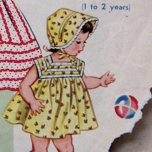 Vintage 1950s Kleinkinder Kleid und Sonnenhaube Schnittmuster PDF Größe 1-2 Jahre