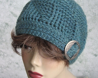 Womens Crochet Hat In Heather Teal Wool Yarn With Vintage Chrome Buckle Trim Teen Thru Adult Sizing 21- 23 Inch