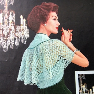 Patrón de chal de crochet para mujer con puntada de encaje, circa 1950, tamaño pequeño, mediano y grande, descarga instantánea