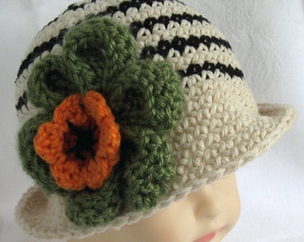 Baby Girls Crochet Hat With Flower Trim And Wide Brim Fits Babies 12-18 Months