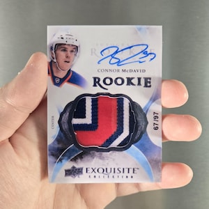Aimant ou autocollant Connor McDavid Rookie Rookie Autograph Patch Numbered & Young Guns carte, carte LNH PAS REELLE faite maison, idéale pour cadeaux et cadeaux
