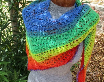 Rainbow triangle scarf, hand knitted, multi color, colorful, long, women, openwork, gift, bright colors, neck warmer, shawl, tie scarf