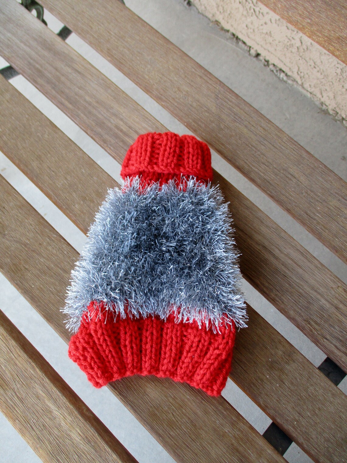 Red and Silver Hand Knitted Small Dog Sweater, Small Pet Sweater, Knit