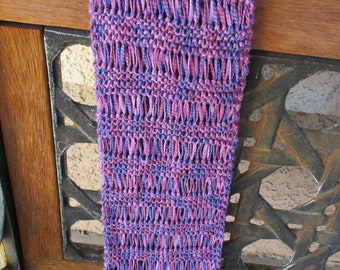 Purple ribbon yarn scarf/hand knitted/shades of purple/extra long/year round use/unusual/unique/knit/gift/versatile/drop stitch/winter