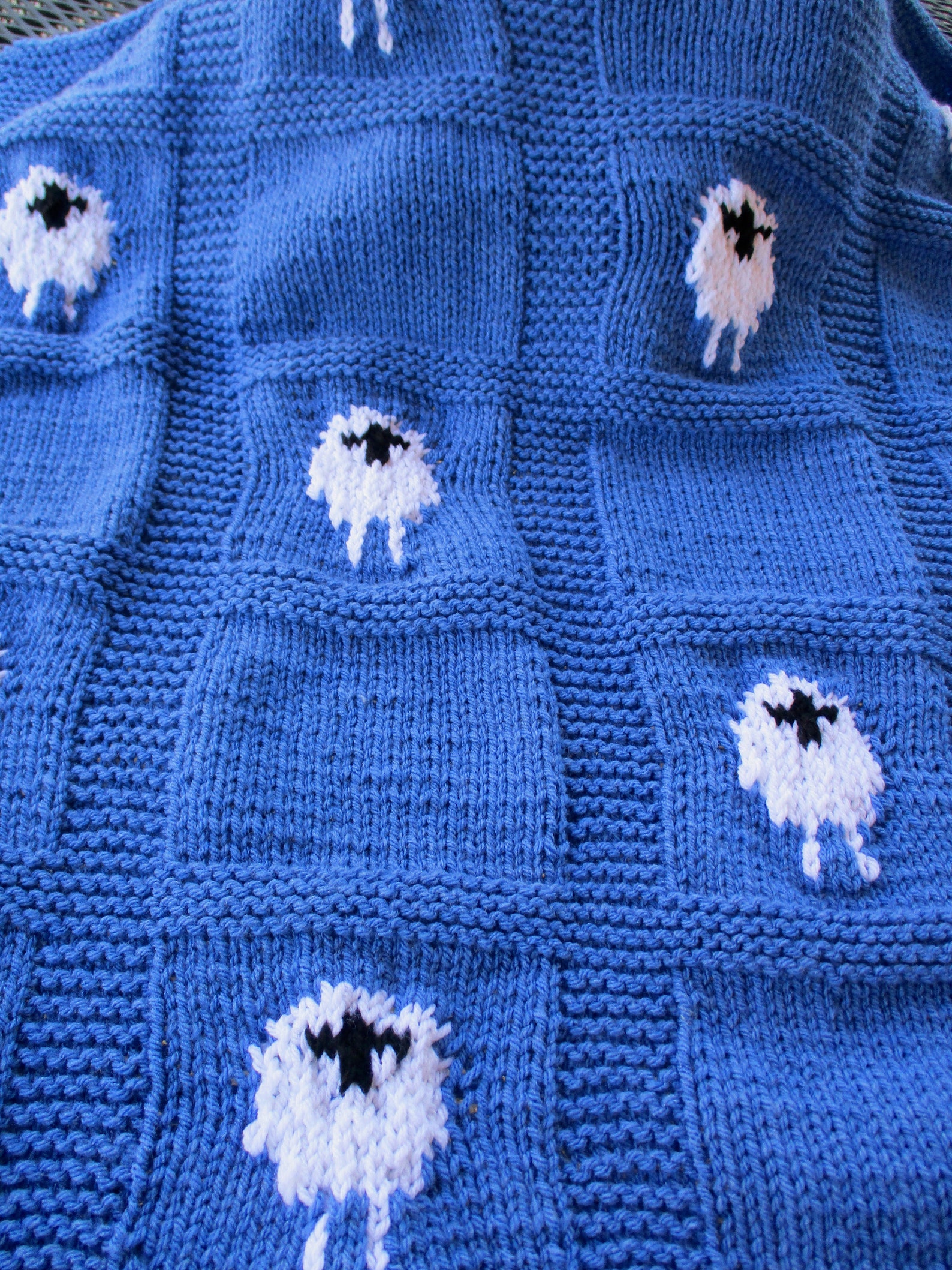 Blue Baby Blanket With Sheep, Denim Blue, Hand Knitted, Baby Shower