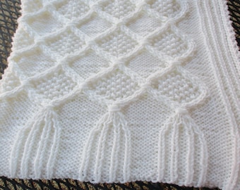 Hand knitted white baby blanket, christening blanket, large, toddler, baby shower gift, cables, heirloom, wheelchair blanket, stroller