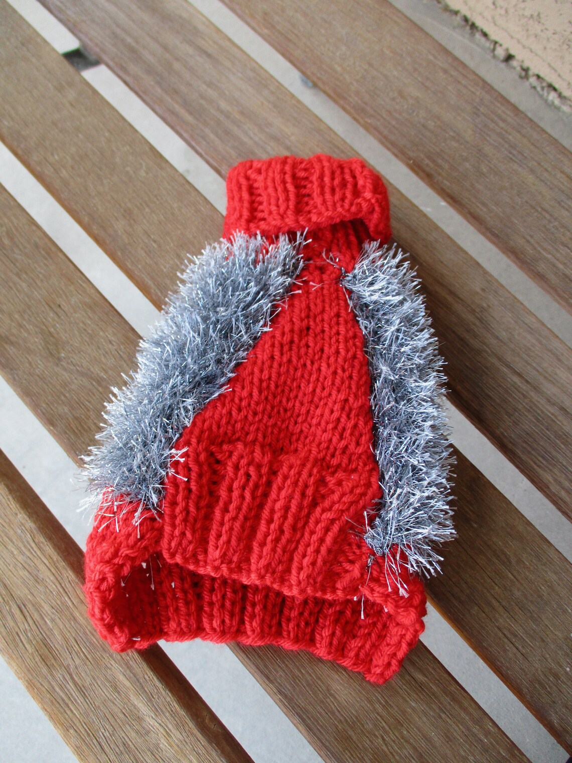 Red and Silver Hand Knitted Small Dog Sweater, Small Pet Sweater, Knit