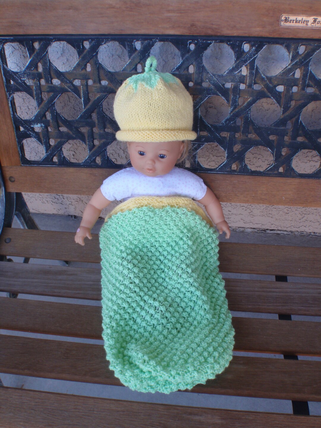 Hand Knitted Baby Cocoon and Hat Set in Green and Yellow/baby Sack and