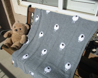 Knitted sheep blanket, gray blanket with sheep, hand knitted baby blanket, lap robe, gray baby blanket with sheep, photo prop, baby gift