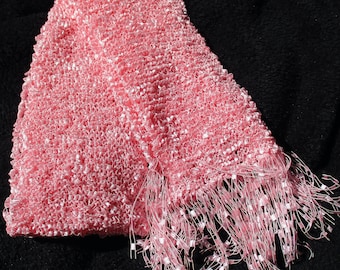 Pink hand knitted ladder yarn scarf with fringe, Barbie inspired, delicate, unusual, pretty, versatile, gift