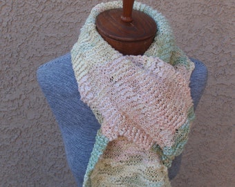 Hand knitted pastel scarf, lace, unusual yarn, long, versatile, unique, pink, green, beige, gift, wrap, shawl, multi-color, Barbie inspired