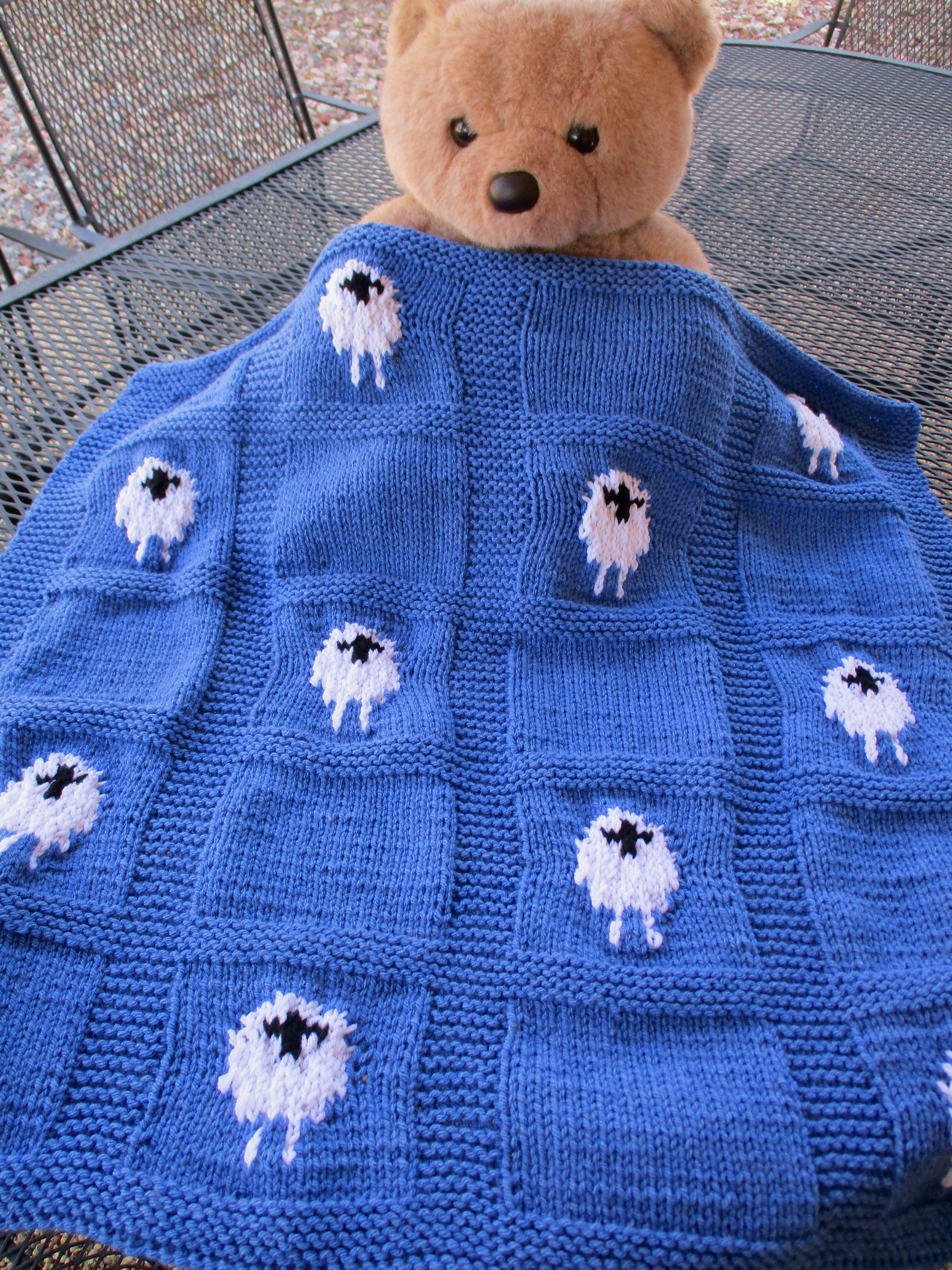 Blue Baby Blanket With Sheep, Denim Blue, Hand Knitted, Baby Shower