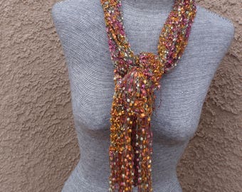 Hand-knitted, extra long multi-color ribbon yarn scarf, colorful, lightweight, year round wear, versatile, fun, gift, women