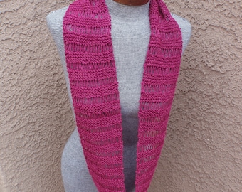 Raspberry hand-knitted infinity/cowl scarf with metallic threads