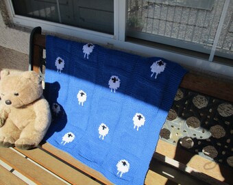 Blue baby blanket with sheep, denim blue, hand knitted, baby shower gift, knit baby blanket, sheep blanket, new baby, crib, carriage, car