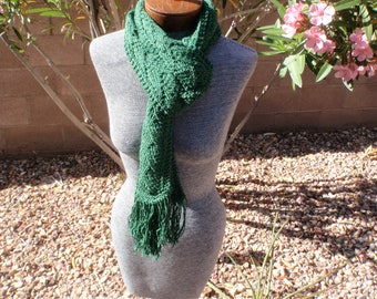 Long green scarf with sparkling yarn/long/fringe/year round wear/versatile/gift/hand knitted/falling leaf pattern/Italian yarn/wool blend