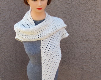 Hand knitted triangle scarf, cotton blend, shawl, accessory, wrap, knit scarf, off white, year round scarf, knit, gift, hand made