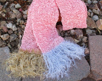 Pink ladder yarn scarf with gold and silver eyelash yarn fringe