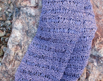 Long hand knitted lavender ribbon yarn scarf