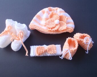 Orange and white baby set, hand-knit baby girl gift - hat, headband, booties, new baby, girl, baby shower gift, unique, hat with flower