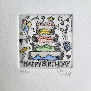 Happy birthday - Handgemachte geätzte Zinkplattenradierung auf Büttenpapier