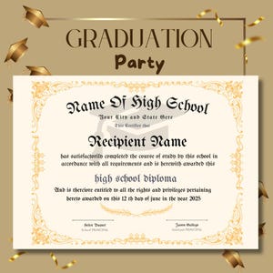 Editable high school diploma template in digital download, fake high school diploma, diploma replica