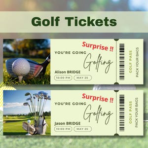 Cadeau de billet de voyage de golf surprise, voyage surprise, modèle de billet de chèque cadeau pour toute occasion, modifiable sur canva