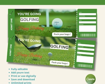 Surprise Golf Trip Ticket Gift, Gift Voucher Certificate Ticket Template for Any Occasion, Editable in Canva Printable