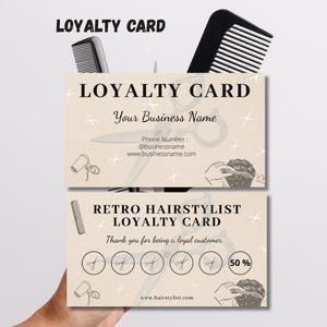 Modèle de carte de fidélité à faire soi-même, Carte de Fidélité Rétro pour Coiffeur imprimables, modèle de carte marketing DIY modifiable