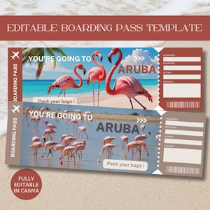 Carte d'embarquement modifiable pour Aruba, personnalisable et imprimable, billet d'avion surprise en téléchargement numérique