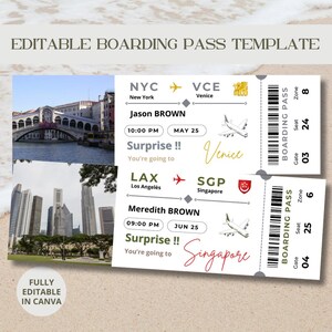 Modèle de carte d'embarquement modifiable, personnalisable et imprimable, billet d'avion surprise en téléchargement numérique pour singapour