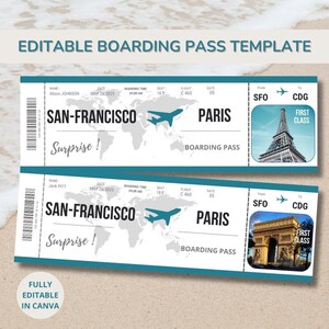 Billet Surprise Personnalisé pour Paris, Modèle de carte d'embarquement pour anniversaire à télécharger et Imprimer