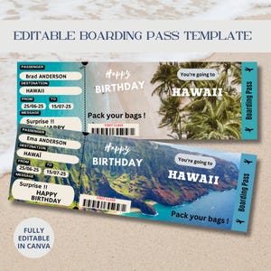 Billet d'avion personnalisable à imprimer pour Hawaï, Carte d'Embarquement modifiable Surprise pour un Anniversaire, cadeau surprise