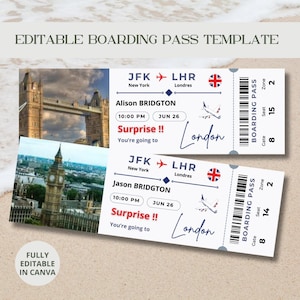Modèle Carte d'embarquement modifiable pour Londres, billet d'avion imprimable, voyage surprise, billet DIY à télécharger