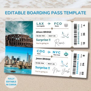 Modèle de carte d'embarquement modifiable, personnalisable et imprimable, billet d'avion surprise en téléchargement numérique