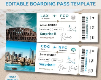 Editable, customizable, and printable boarding pass template, surprise airplane ticket available as a digital download.