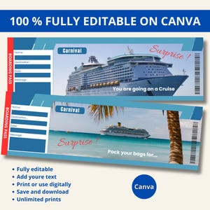 Canva Editable Cruise Ticket Template, Printable Cruise Trip Ticket, Cruise Surprise Boarding Pass, Instant Download