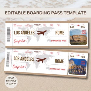 Modèle Bon de Voyage à personnaliser pour Rome, Billet d'avion modifiable et imprimable, téléchargement numérique PDF
