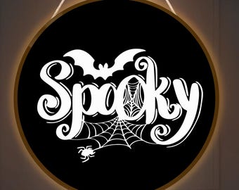Spooky Night Acrylic Halloween LED Sign, Ghost Backlit Halloween Decor, Acrylic Backlit Business Sign, LED Round Sign