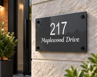 Custom Shaped Acrylic House Number Sign | Modern Address Plaque for Home Door, Wall, Gate, Estate and Garden Entryway
