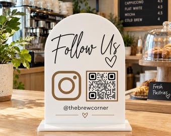 Custom Arch Acrylic QR Code Sign | Tabletop Desk Display Stand for Social Media, Menu, Free WiFi, Payments and Reviews for Cafe, Restaurant