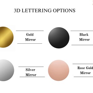 K&ouml;nnte beinhalten: Eine visuelle Anleitung zu 3D-Buchstabenoptionen, die f&uuml;nf verschiedene Oberfl&auml;chen zeigt: Goldspiegel, Schwarzspiegel, Silberspiegel, Ros&eacute;goldspiegel und eine einfache wei&szlig;e Oberfl&auml;che.