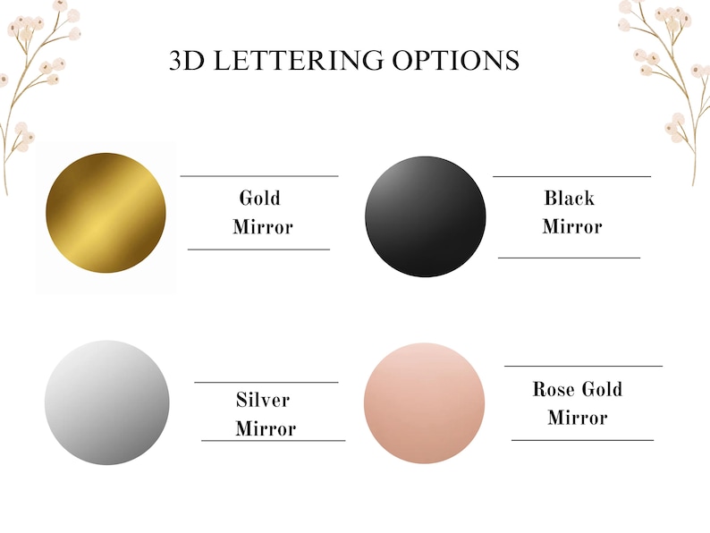 K&ouml;nnte beinhalten: Eine visuelle Anleitung zu 3D-Buchstabenoptionen, die f&uuml;nf verschiedene Oberfl&auml;chen zeigt: Goldspiegel, Schwarzspiegel, Silberspiegel, Ros&eacute;goldspiegel und eine einfache wei&szlig;e Oberfl&auml;che.