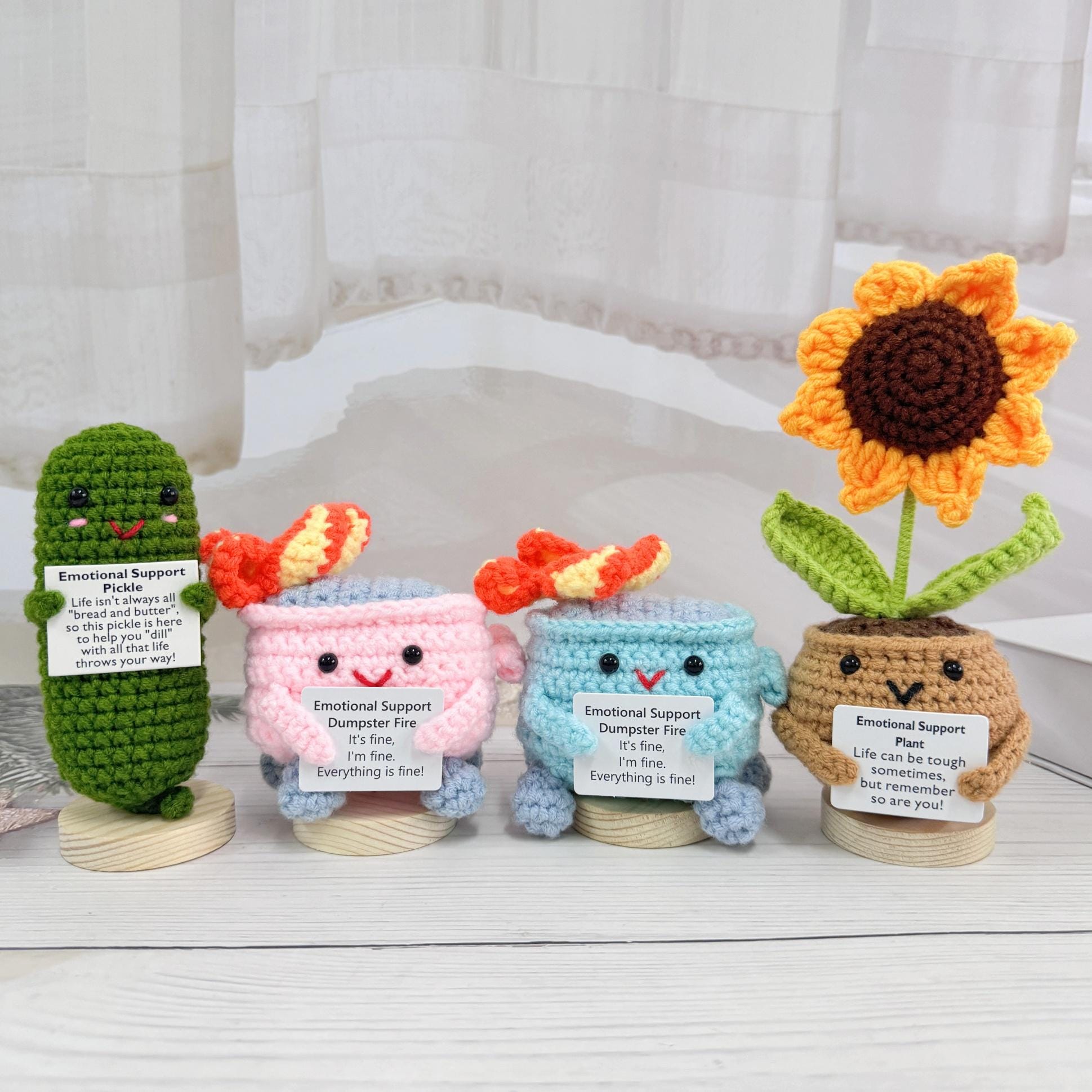 Emotional Support Gift Set-crochet Dumpster Fire/sunflower/pickle
