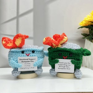 Funny Crochet Dumpster Fire-Crochet Burning Trash Can-Humorous Design-Emotional Support-Thank you for gifts-Cheer up gift-Unique Desk Decor