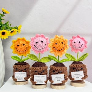 Pode incluir: Quatro decorações de vasos de flores de crochê com rostos sorridentes. Cada vaso tem um cartão com uma mensagem sobre apoio emocional e crescimento. As flores são rosa, laranja e amarelas.