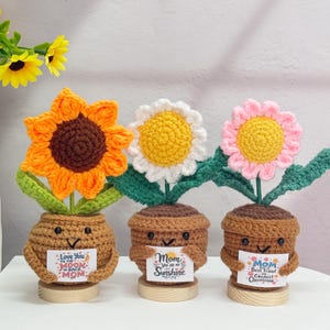 Plante en pot de fleurs pour la fête des mères avec carte colorée, cadeaux de fleurs au crochet faites main, tournesol/marguerite au crochet, décoration de fleurs au crochet, cadeau pour maman