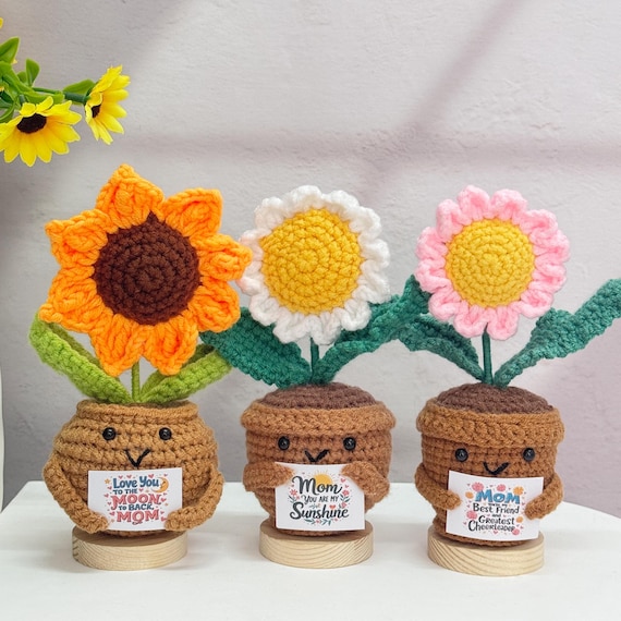 Mother's Day Potted Flower Plant, Handmade Crochet Sunflower Daisy