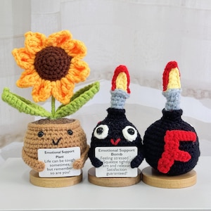 Funny Crochet F-Bomb with Crochet Sunflower,Emotional Support Gift,F-Bomb Crochet Toys,Stress Relief Bomb,Handmade Gift,Office Desk Decor